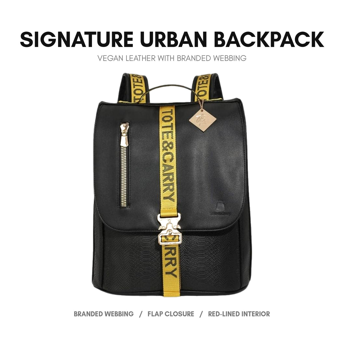 Signature Urban Backpack in Black & Yellow - premium vegan leather, branded webbing straps, adjustable padded straps