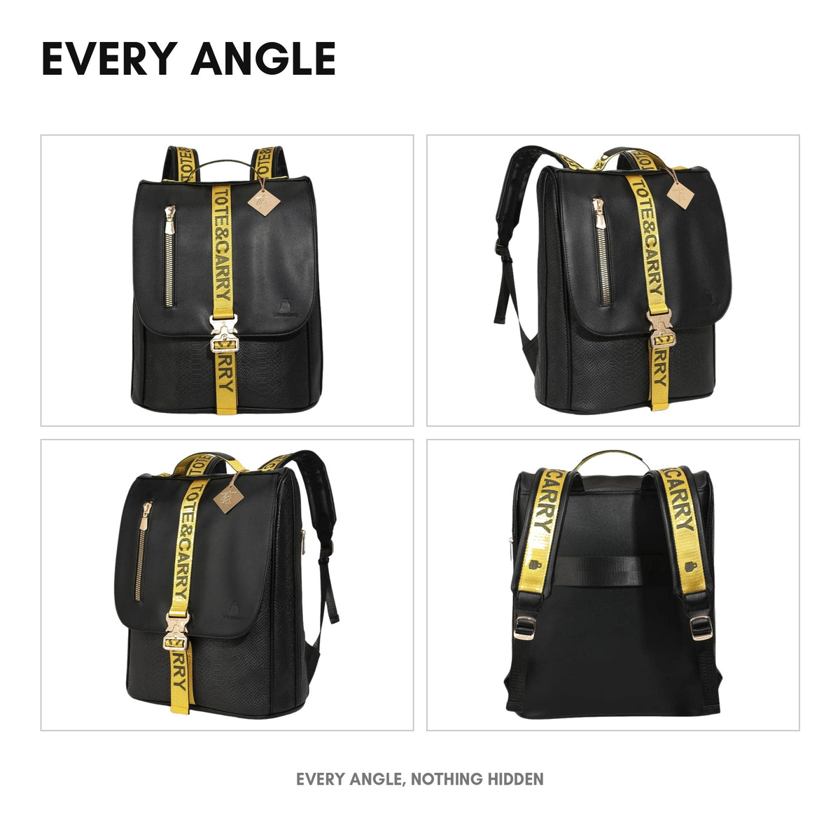 Signature Urban Backpack in Black & Yellow - every angle: front, side, back and interior