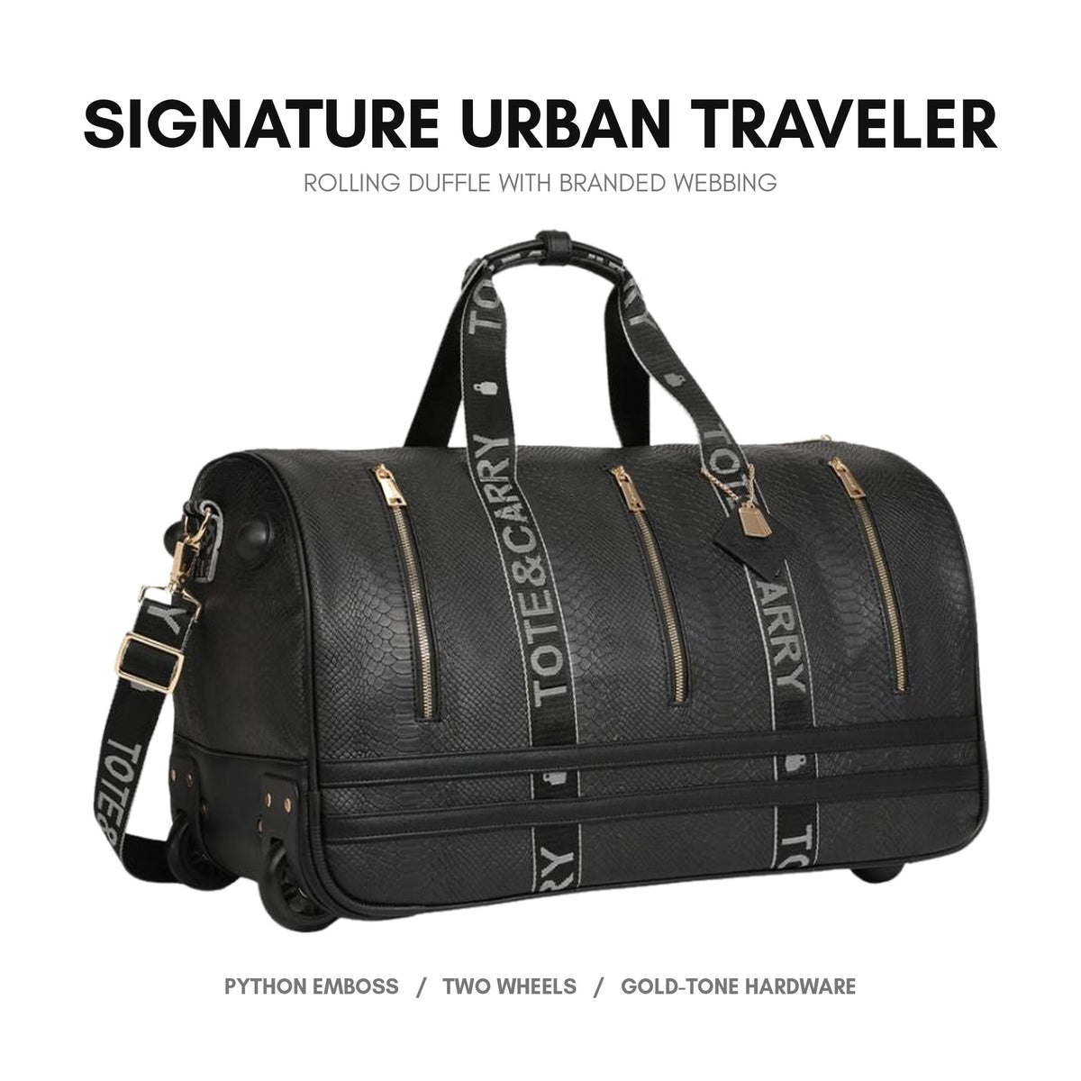 Signature Urban Traveler Rolling Duffle in Black - python-embossed vegan leather with branded webbing straps