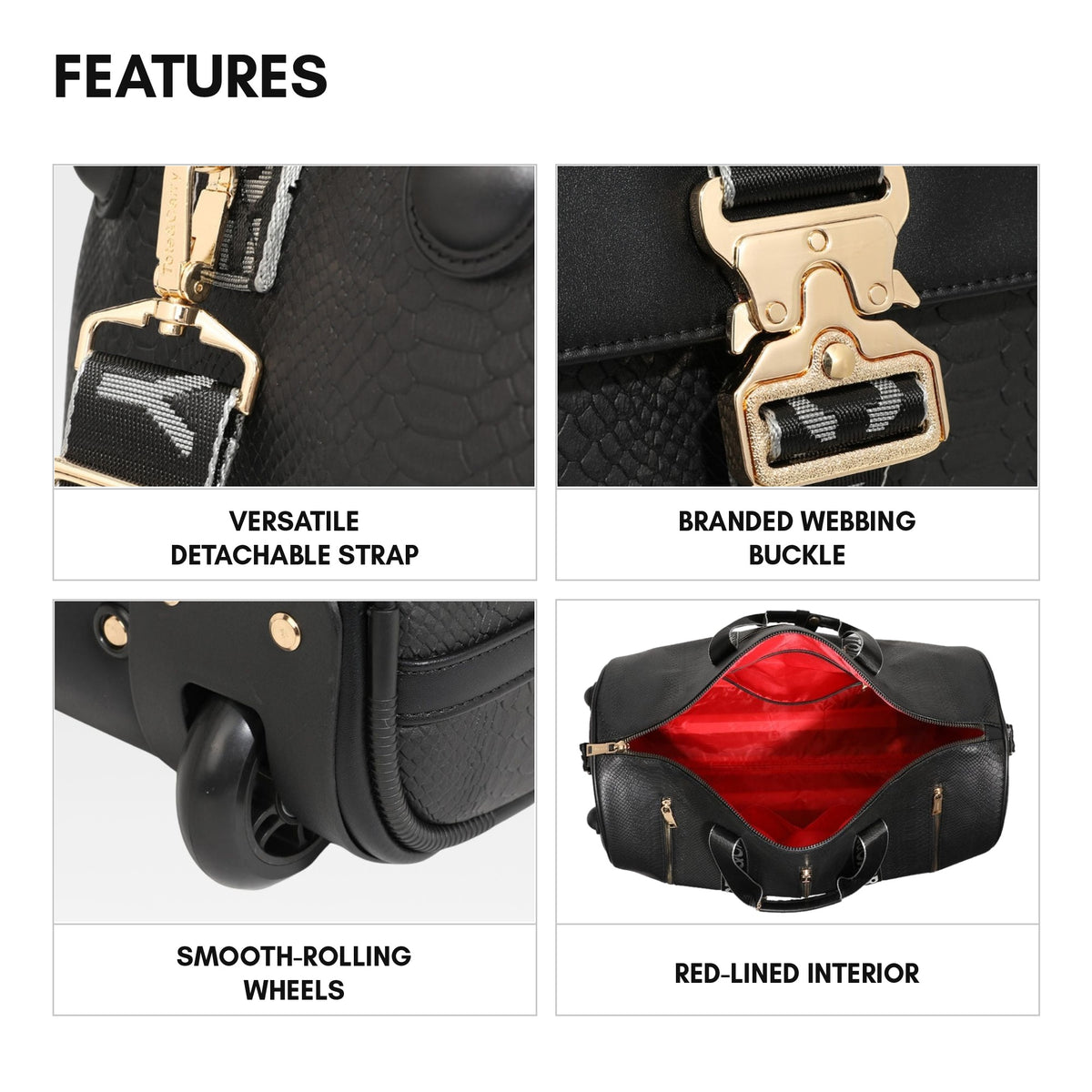 Signature Urban Traveler Rolling Duffle in Black - features: detachable strap, branded webbing buckle, smooth-rolling wheels and a red-lined interior