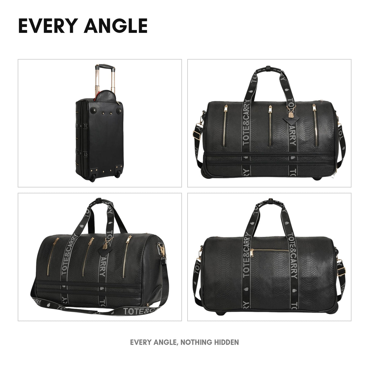 Signature Urban Traveler Rolling Duffle in Black - every angle: front, side, back and top-down