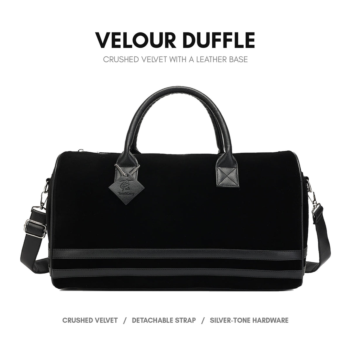 Velour Duffle Bag in Black - soft crushed velvet with a vegan leather base and silver-tone hardware