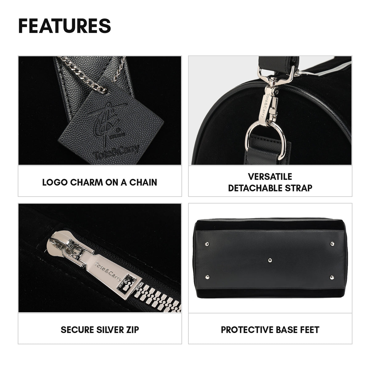 Velour Duffle Bag in Black - features: logo charm on a chain, detachable strap, secure silver zip and protective base feet