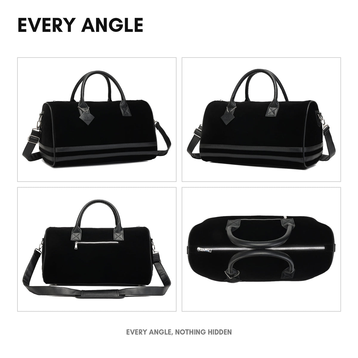 Velour Duffle Bag in Black - every angle: front, side, back and top-down