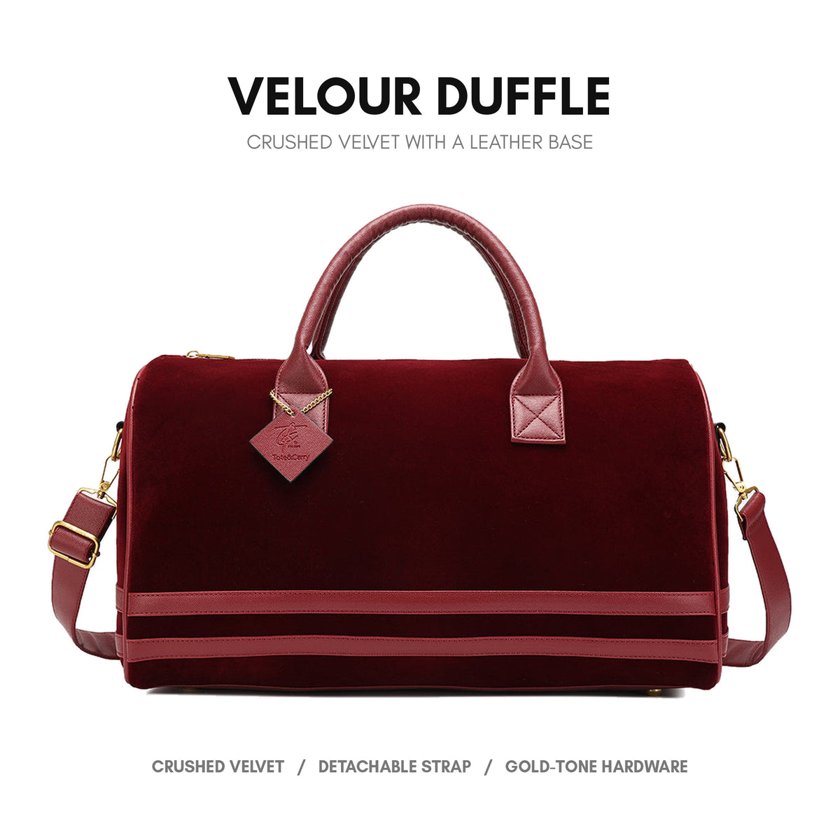 Velour Duffle Bag in Burgundy - soft crushed velvet with a vegan leather base and gold-tone hardware