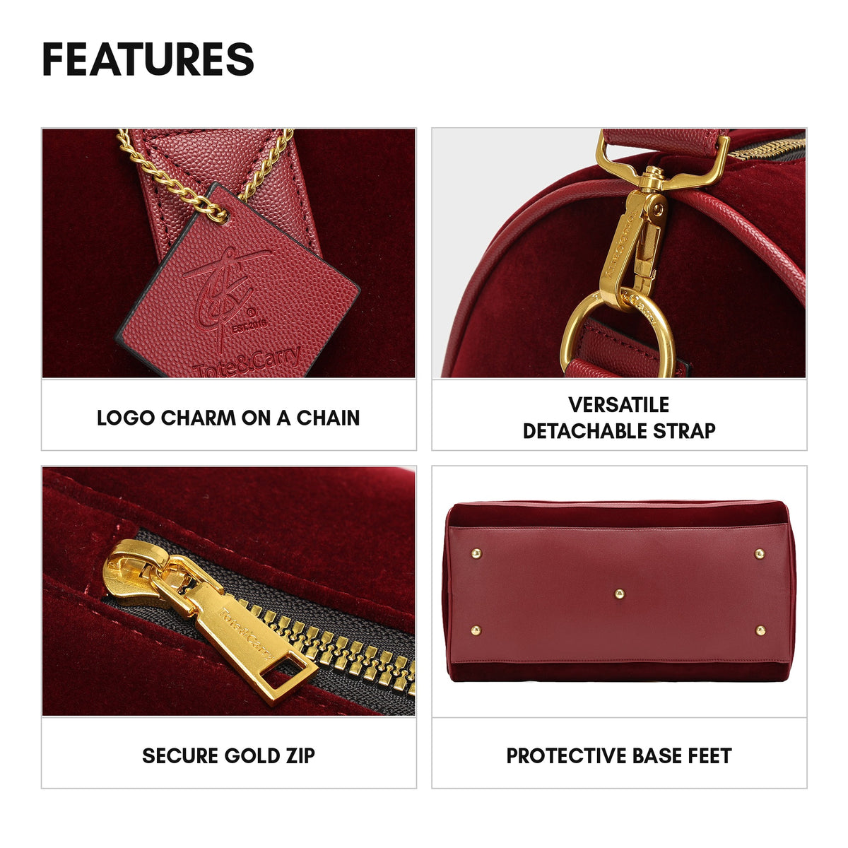 Velour Duffle Bag in Burgundy - features: logo charm on a chain, detachable strap, secure gold zip and protective base feet