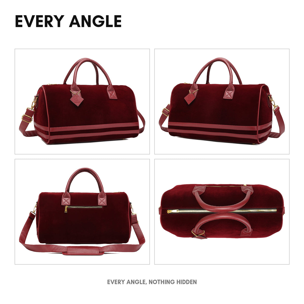 Velour Duffle Bag in Burgundy - every angle: front, side, back and top-down