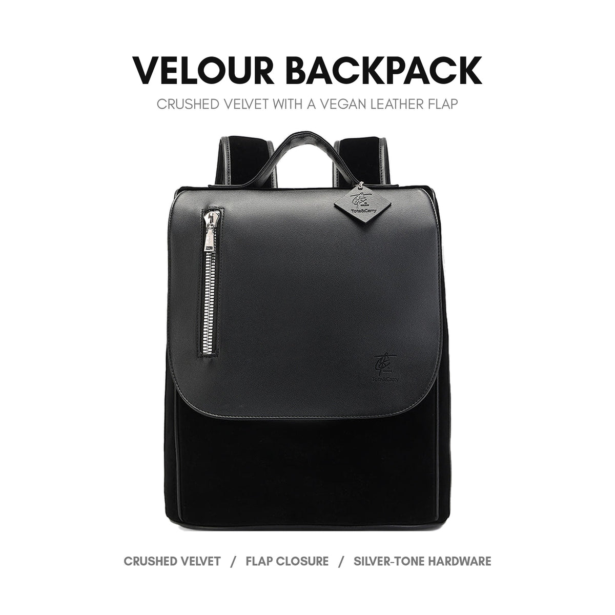Velour Backpack in Black - soft crushed velvet, vegan leather flap + trim, adjustable padded straps