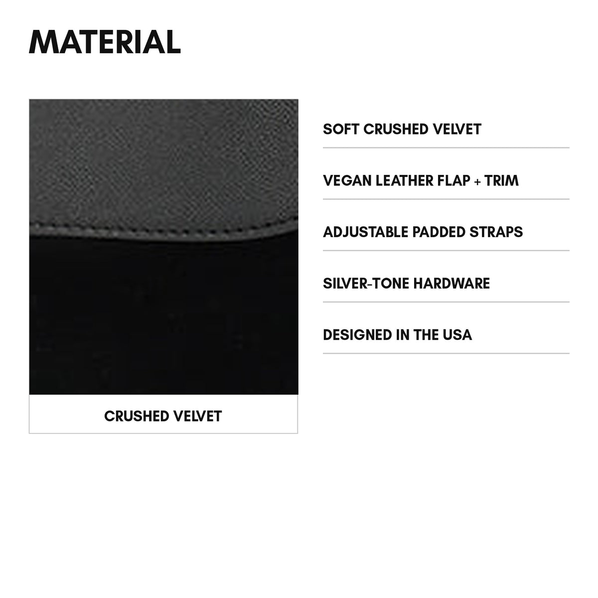 Velour Backpack in Black - material: soft crushed velvet, vegan leather flap + trim, adjustable padded straps