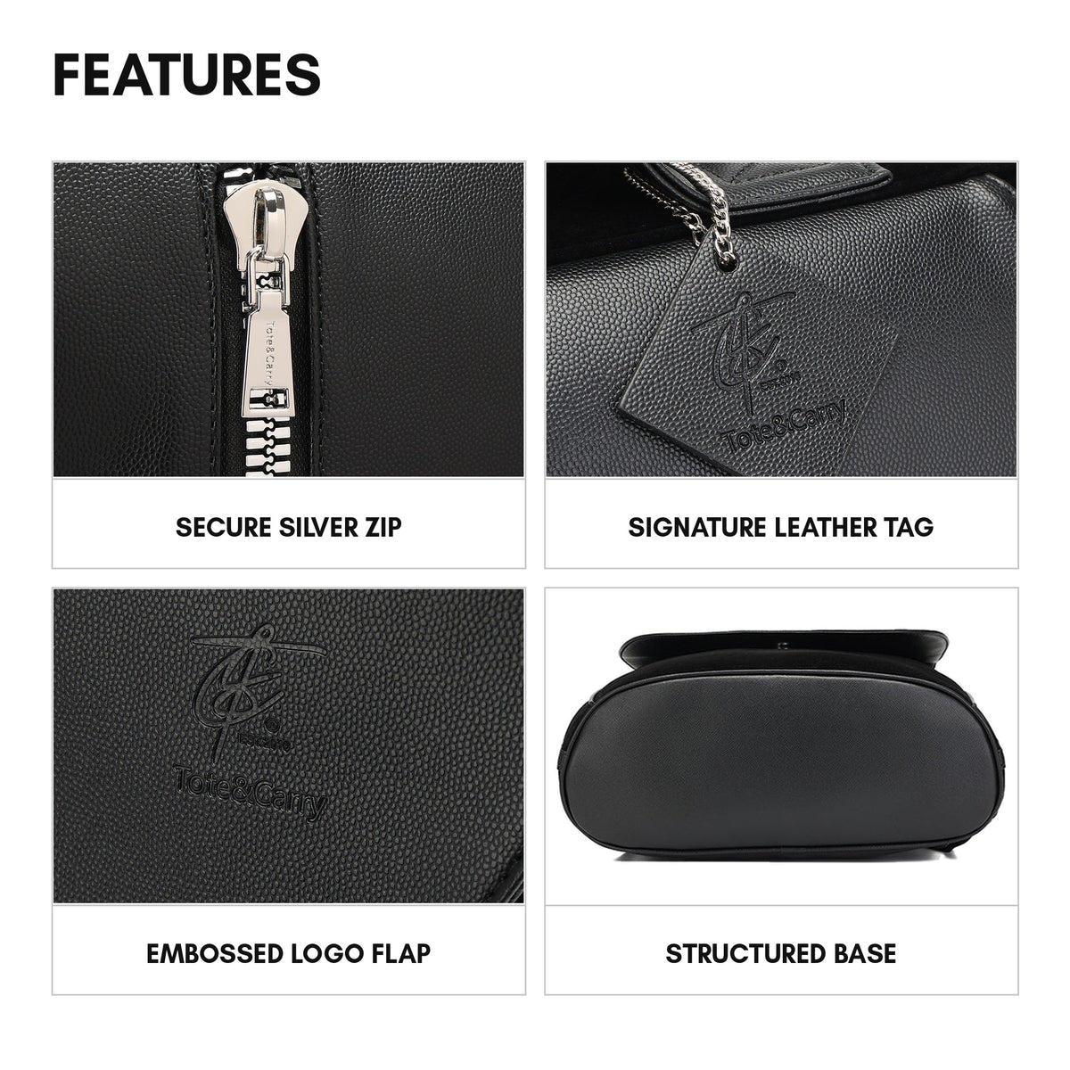 Velour Backpack in Black - features: secure silver zip, signature leather tag, embossed logo flap, structured base