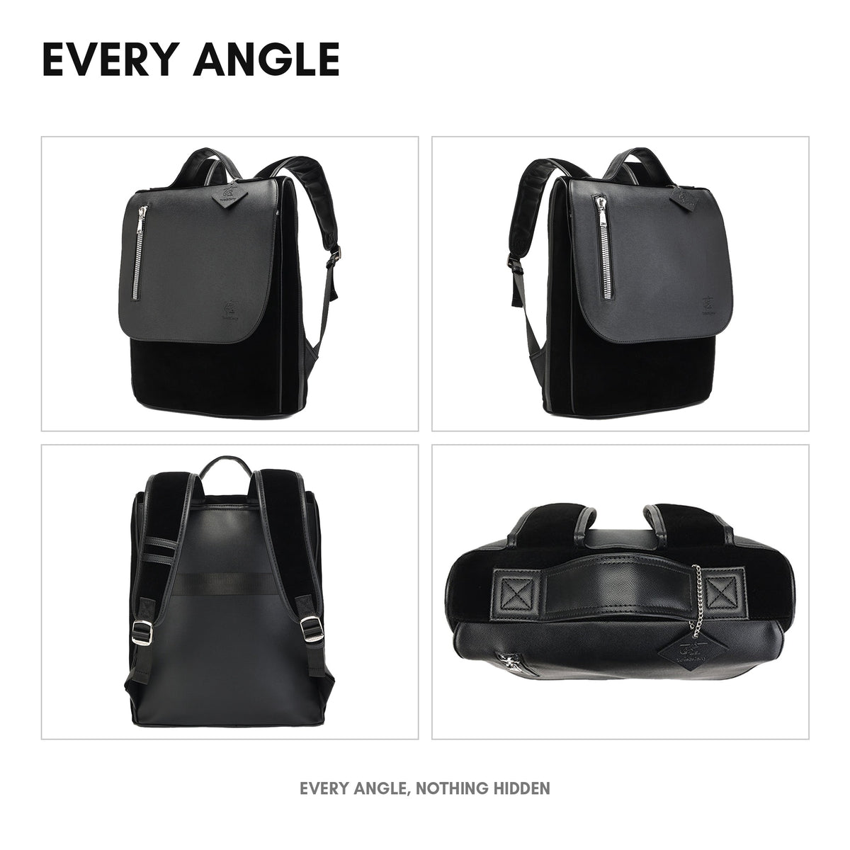 Velour Backpack in Black - every angle: front, side, back and interior