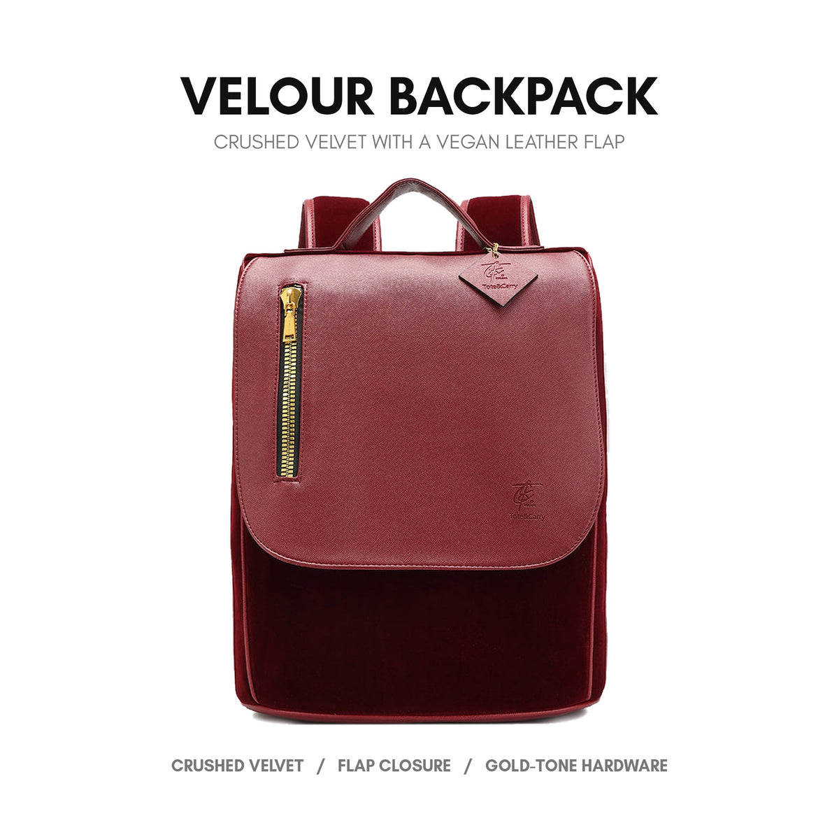 Velour Backpack in Burgundy - soft crushed velvet, vegan leather flap + trim, adjustable padded straps