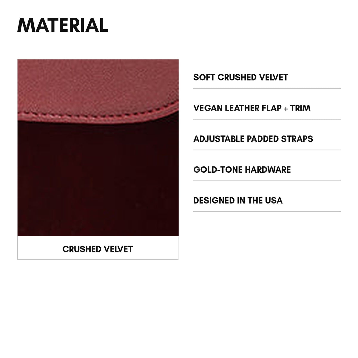 Velour Backpack in Burgundy - material: soft crushed velvet, vegan leather flap + trim, adjustable padded straps