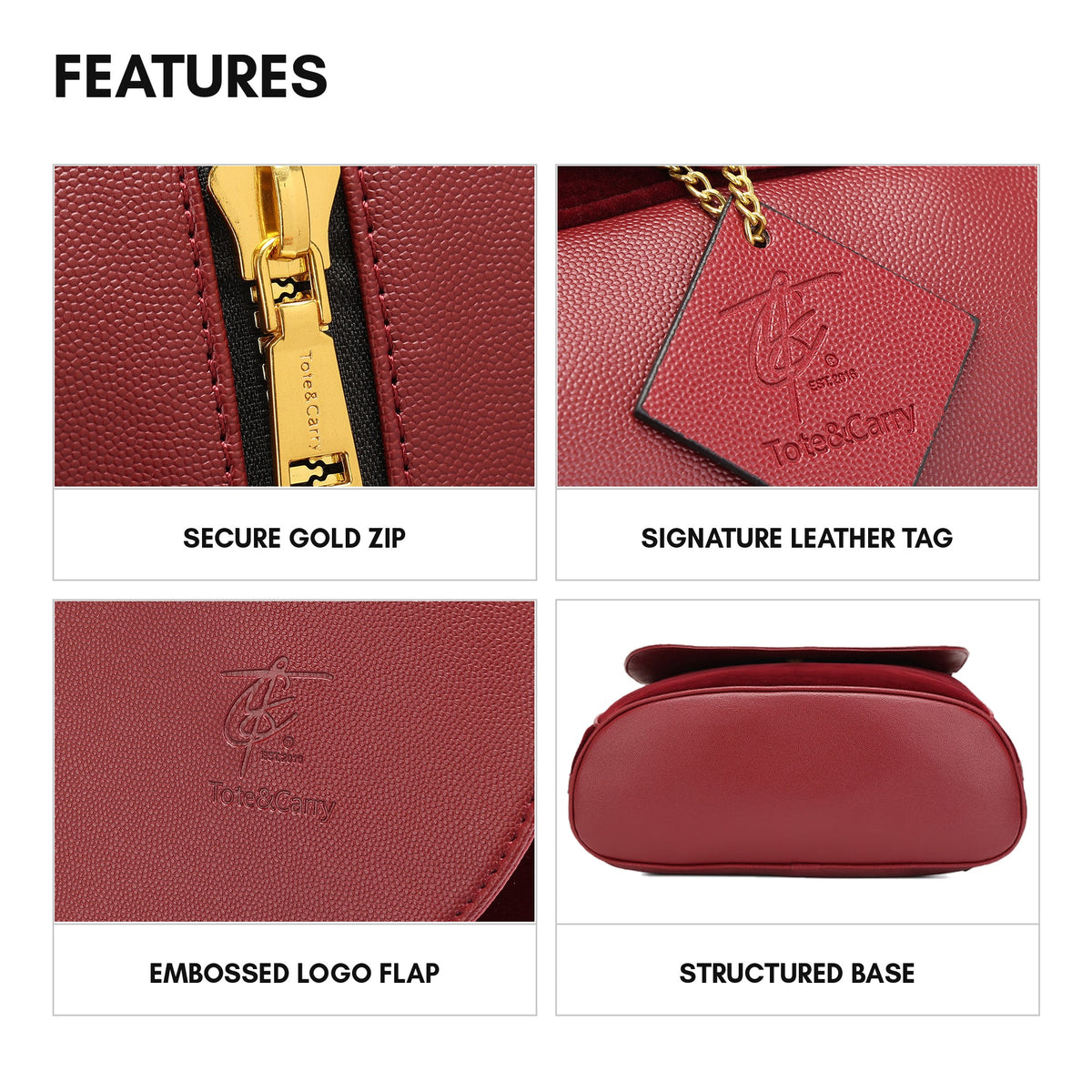Velour Backpack in Burgundy - features: secure gold zip, signature leather tag, embossed logo flap, structured base