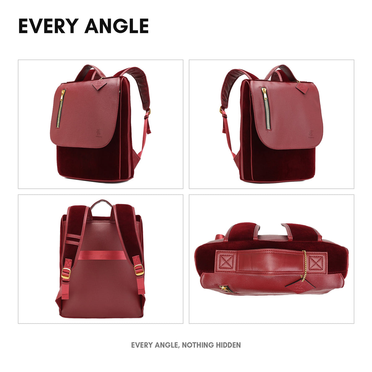 Velour Backpack in Burgundy - every angle: front, side, back and interior