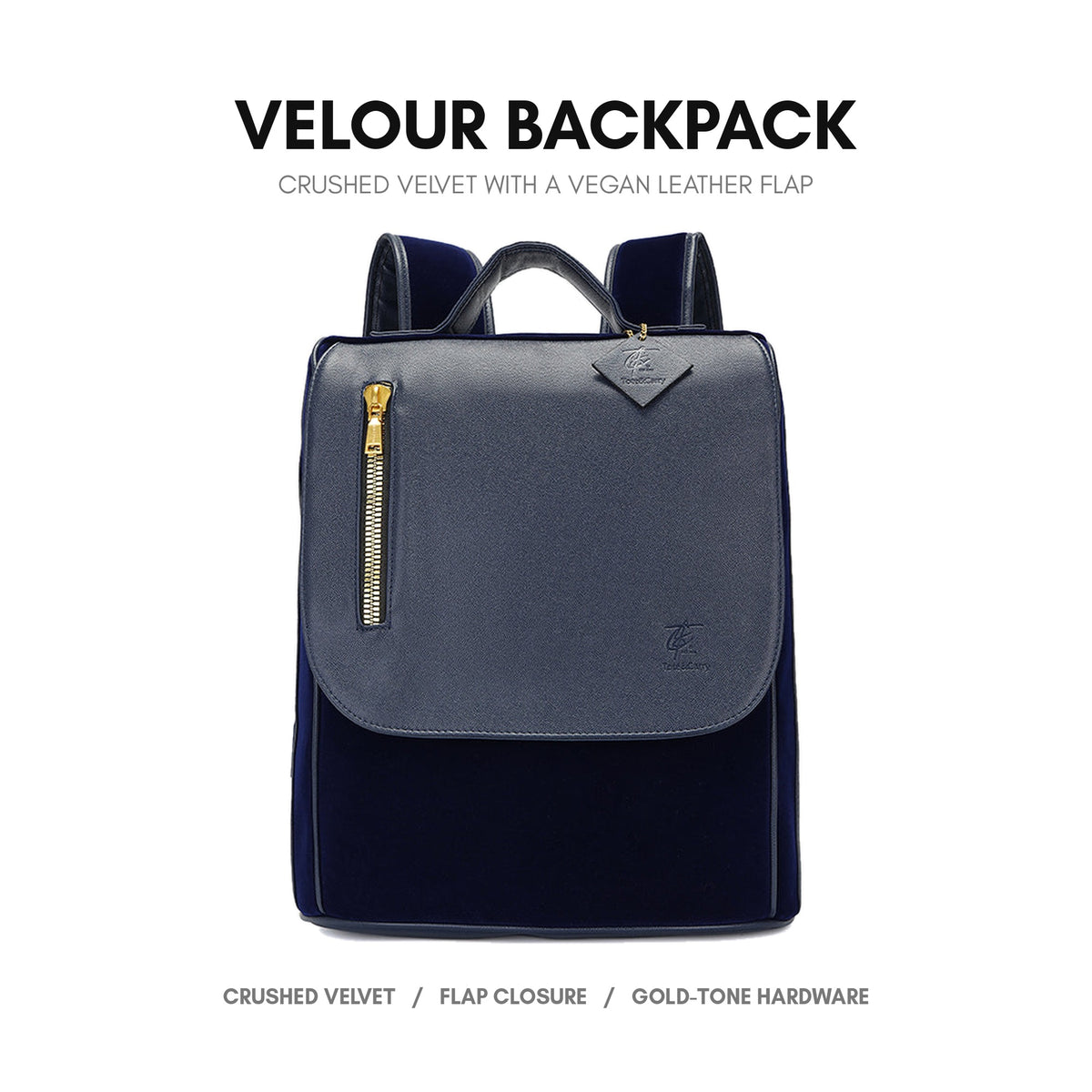 Velour Backpack in Royal Blue - soft crushed velvet, vegan leather flap + trim, adjustable padded straps