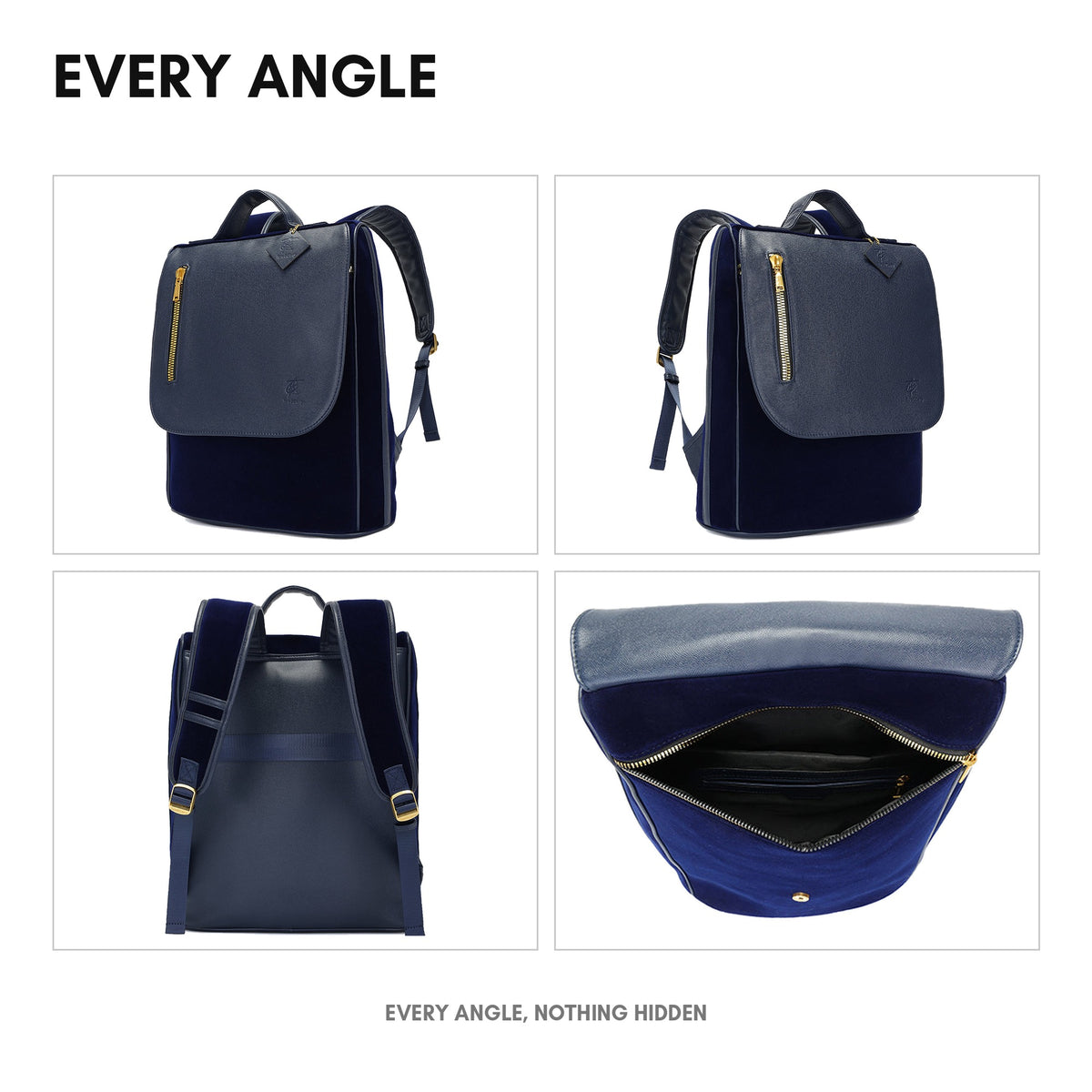 Velour Backpack in Royal Blue - every angle: front, side, back and interior