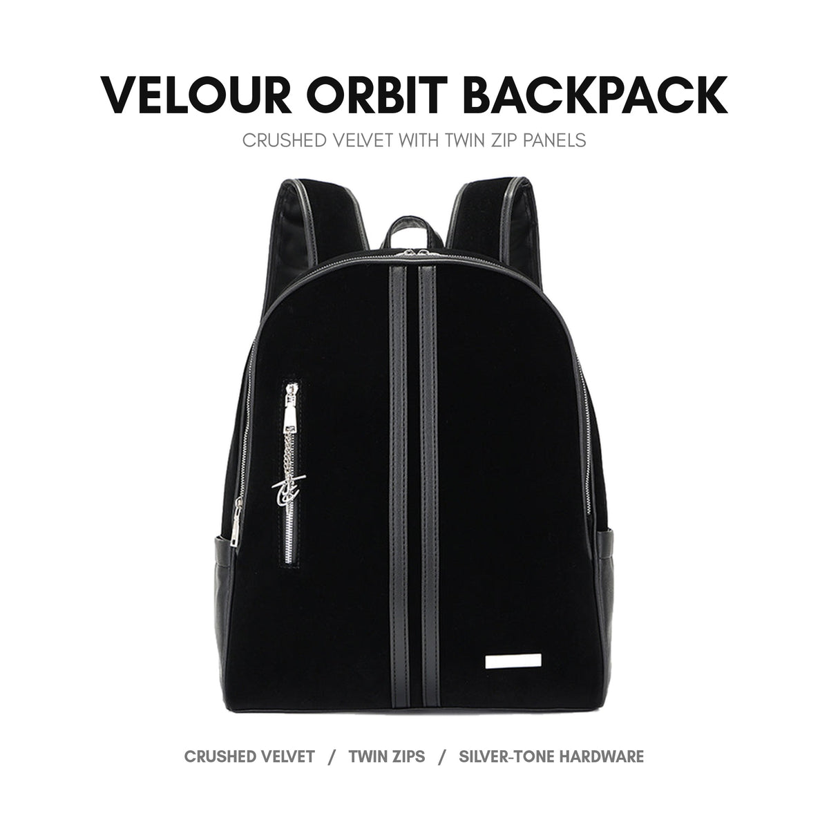 Velour Orbit Backpack in Black - soft crushed velvet, twin zip front panels, adjustable padded straps