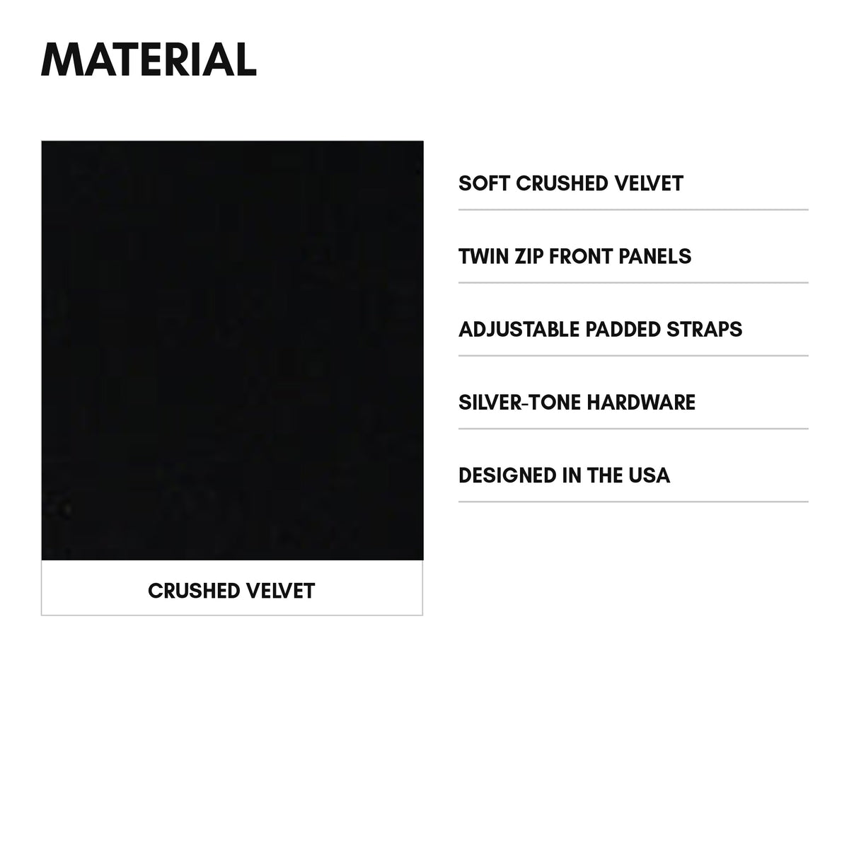 Velour Orbit Backpack in Black - material: soft crushed velvet, twin zip front panels, adjustable padded straps