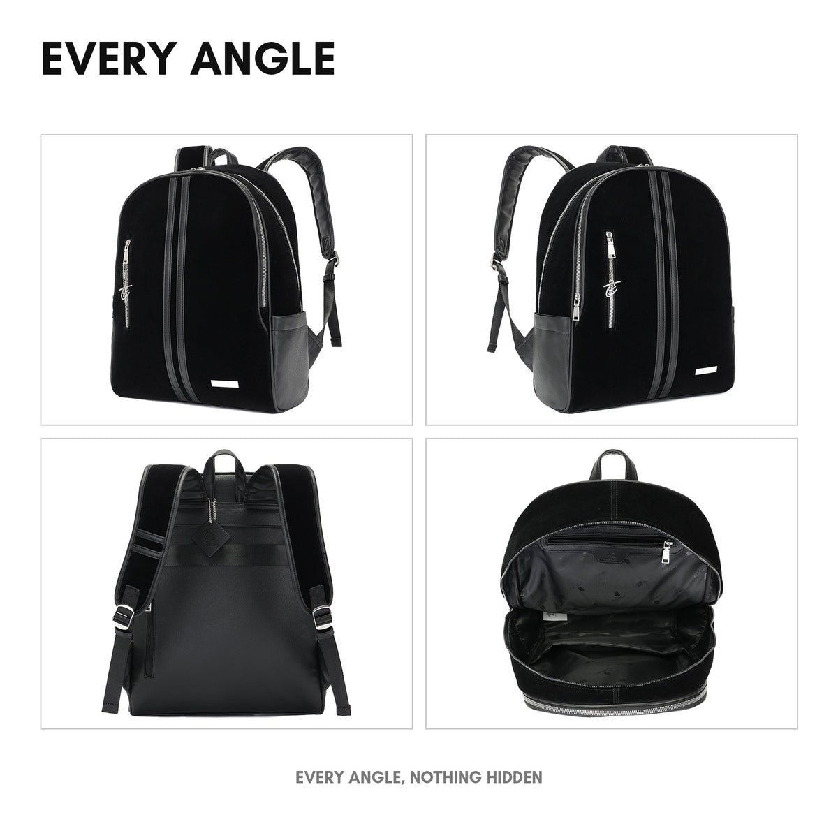 Velour Orbit Backpack in Black - every angle: front, side, back and interior