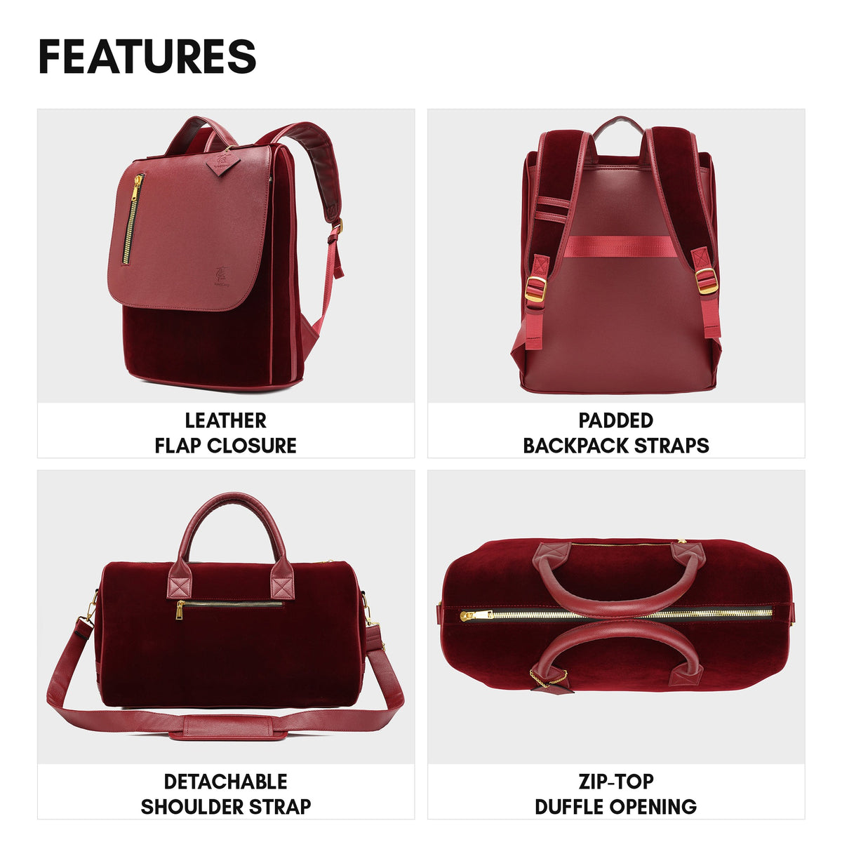 Velvet Luxe Travel Set in Burgundy - features