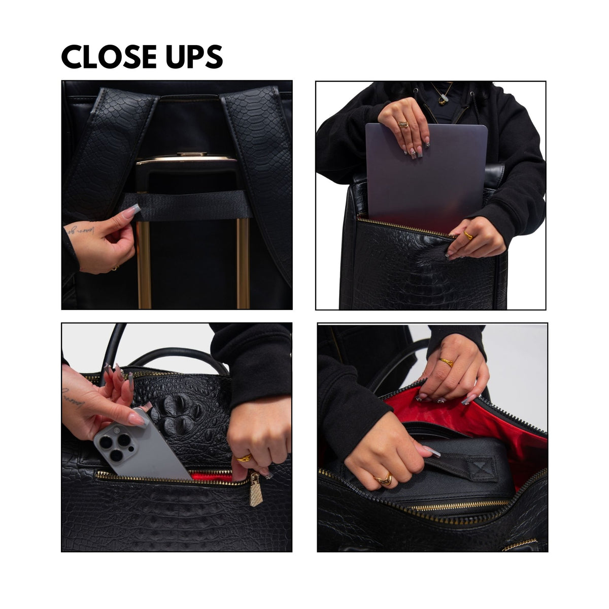 Tote&Carry Classic Weekender Travel Set in Black — close up details, texture, handles and zippers