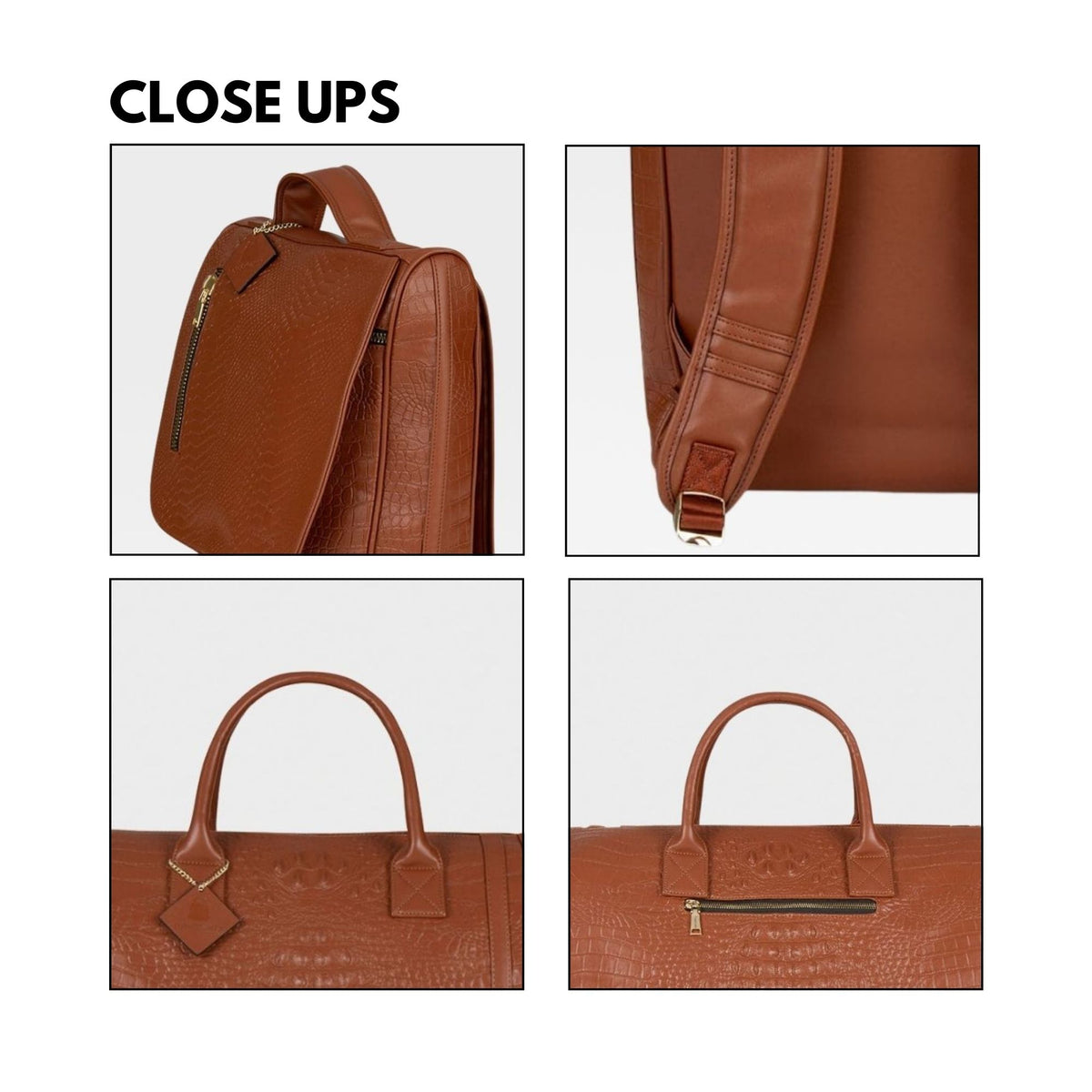 Tote&Carry Classic Weekender Travel Set in Caramel — close up details, texture, handles and zippers