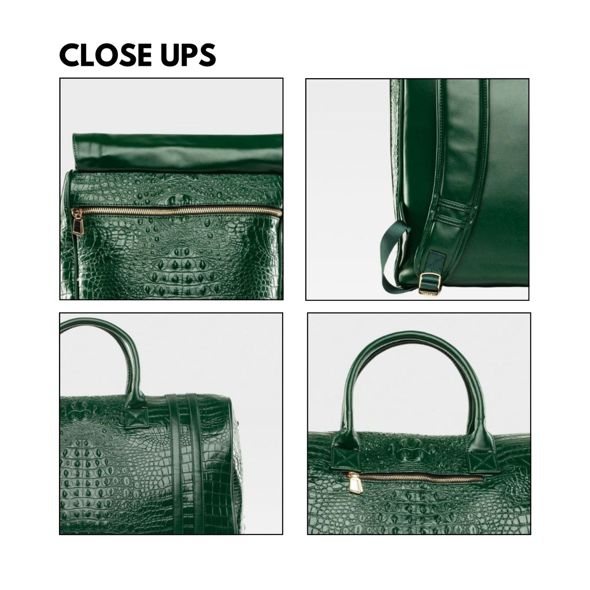 Tote&Carry Classic Weekender Travel Set in Emerald Green — close up details, texture, handles and zippers