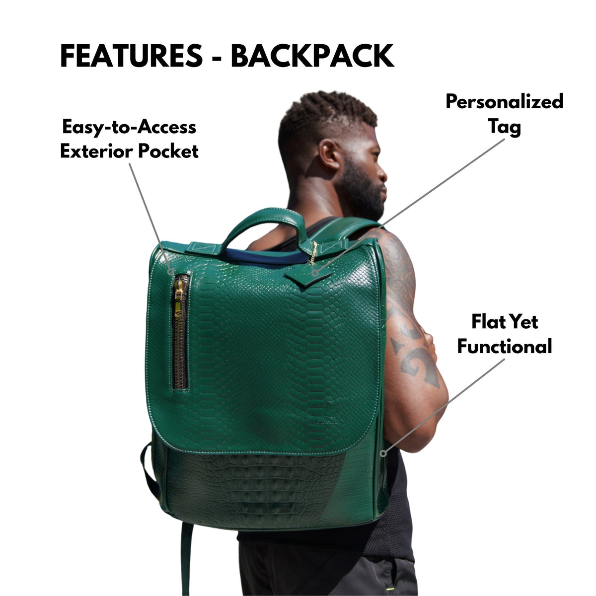Tote&Carry Classic Weekender Travel Set in Emerald Green — backpack features, personalized tag, flat yet functional profile and easy-access exterior pocket