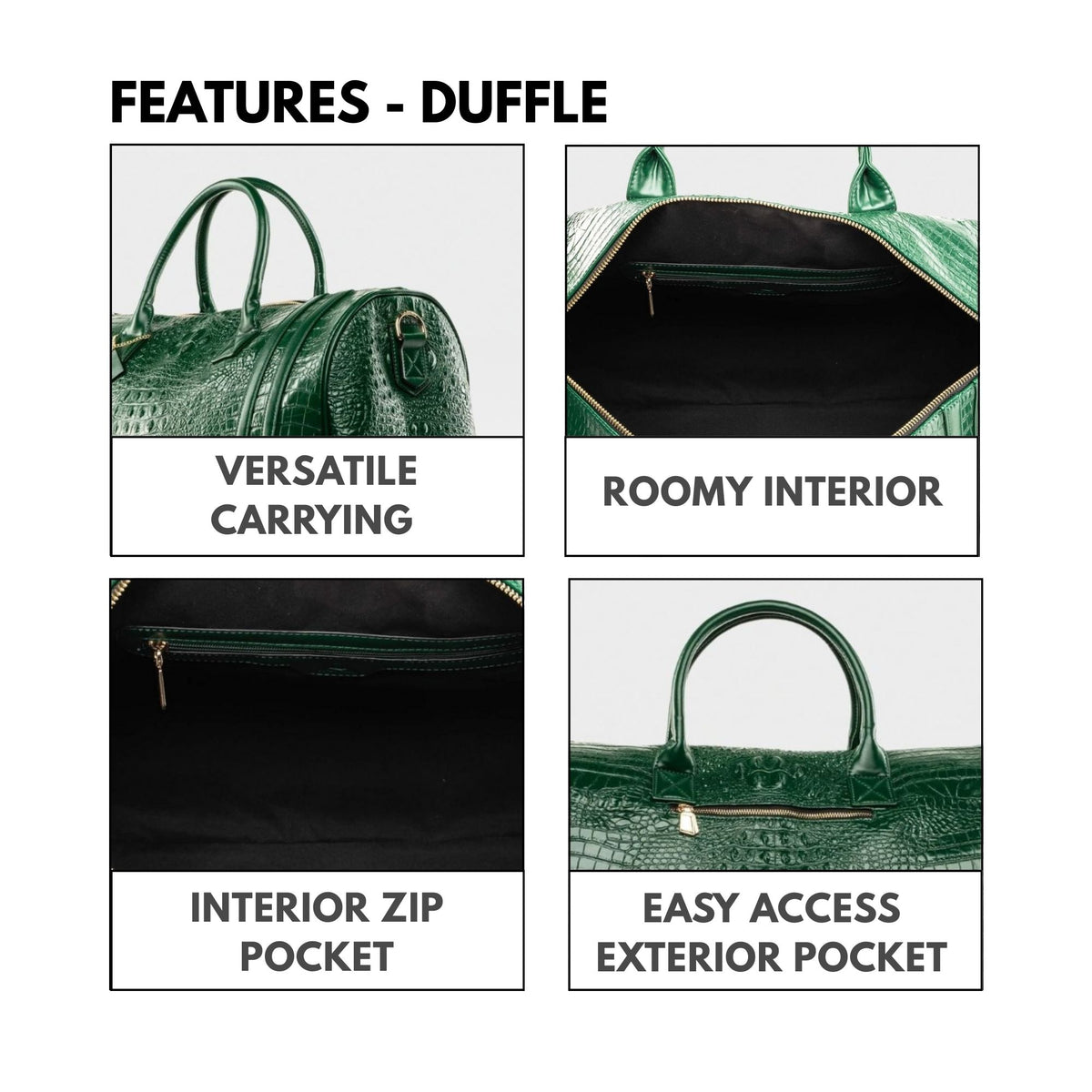 Tote&Carry Classic Weekender Travel Set in Emerald Green — duffle features, roomy interior and easy-access exterior pocket