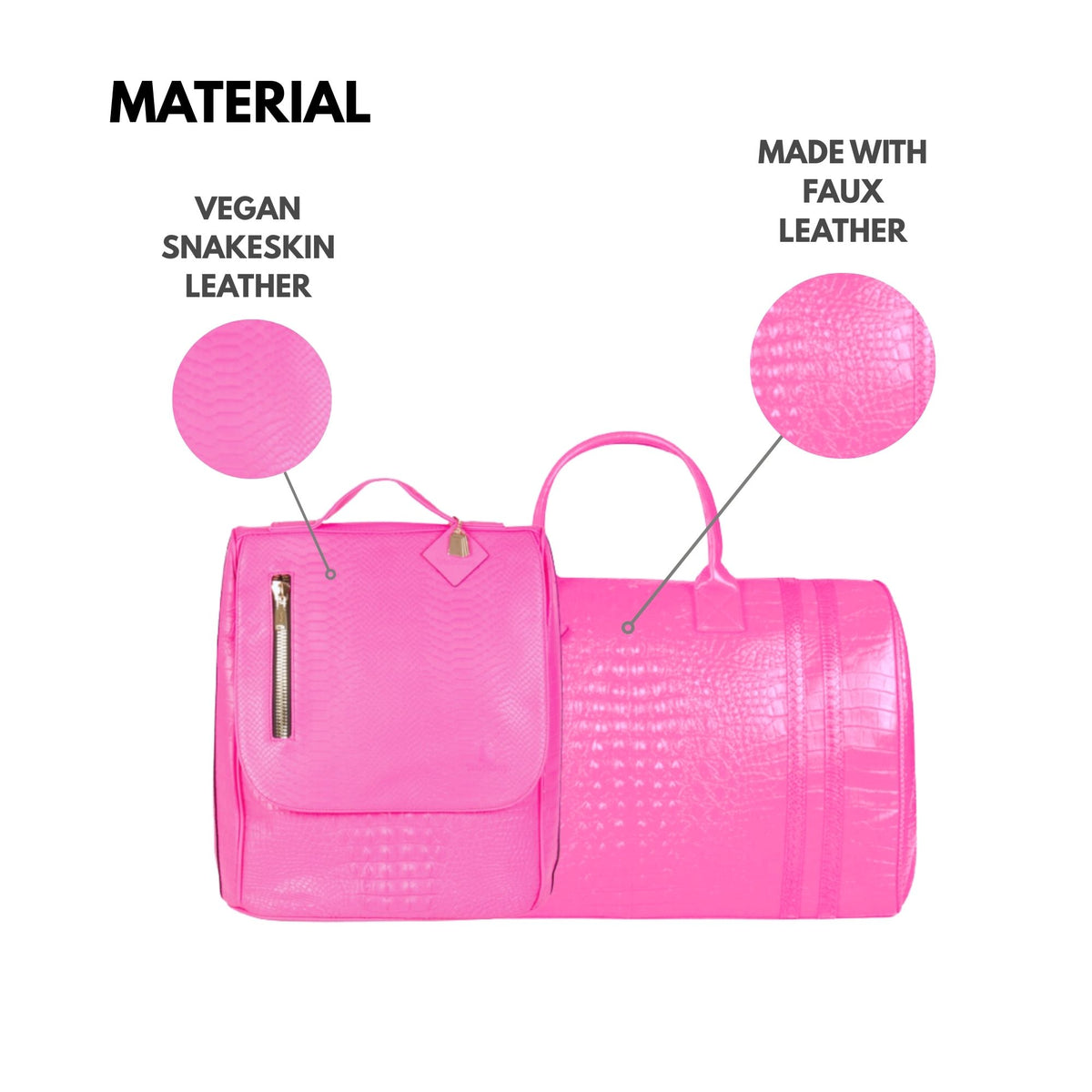 Tote&Carry Classic Weekender Travel Set in Neon Pink — vegan snakeskin and faux leather material detail