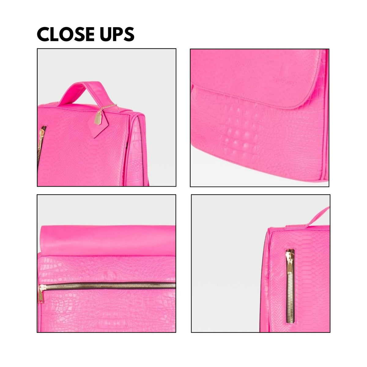 Tote&Carry Classic Weekender Travel Set in Neon Pink — close up details, texture, handles and zippers