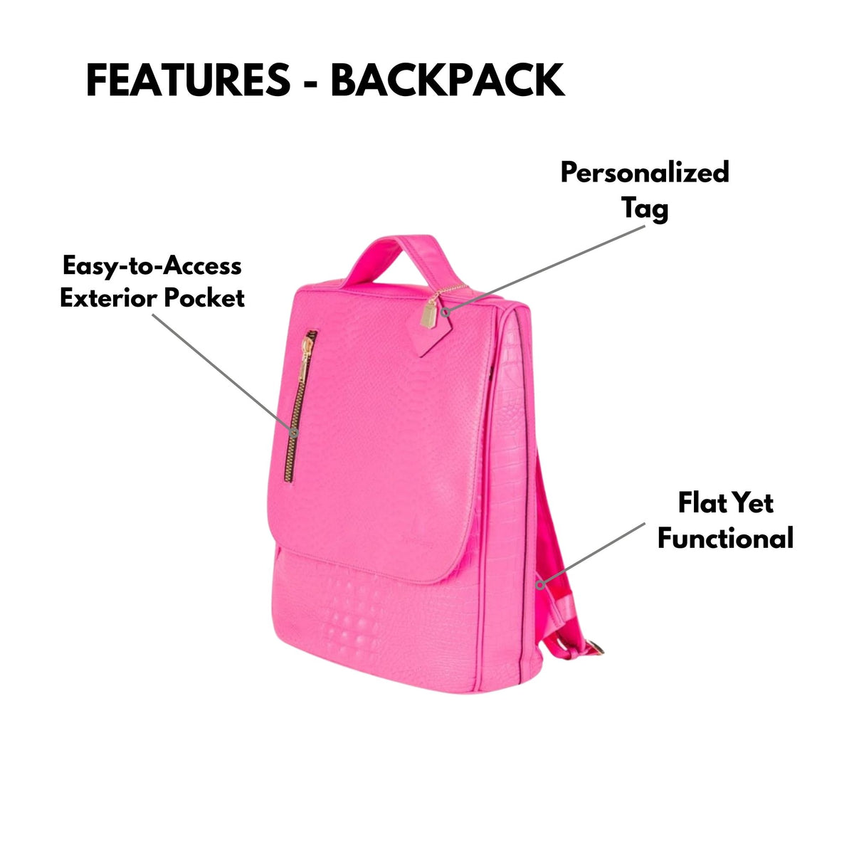 Tote&Carry Classic Weekender Travel Set in Neon Pink — backpack features, personalized tag, flat yet functional profile and easy-access exterior pocket