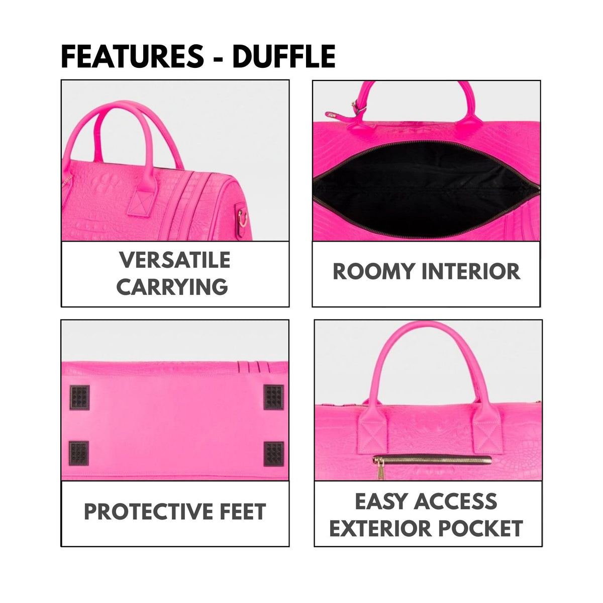 Tote&Carry Classic Weekender Travel Set in Neon Pink — duffle features, roomy interior, protective feet and easy-access exterior pocket