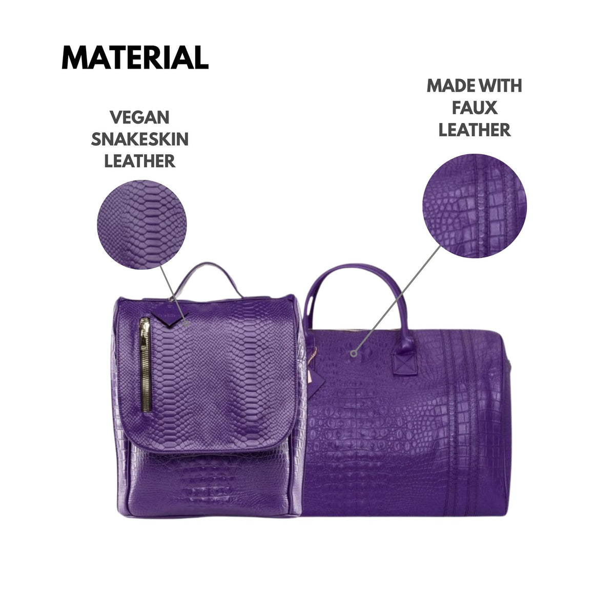 Tote&Carry Classic Weekender Travel Set in Purple — vegan snakeskin and faux leather material detail