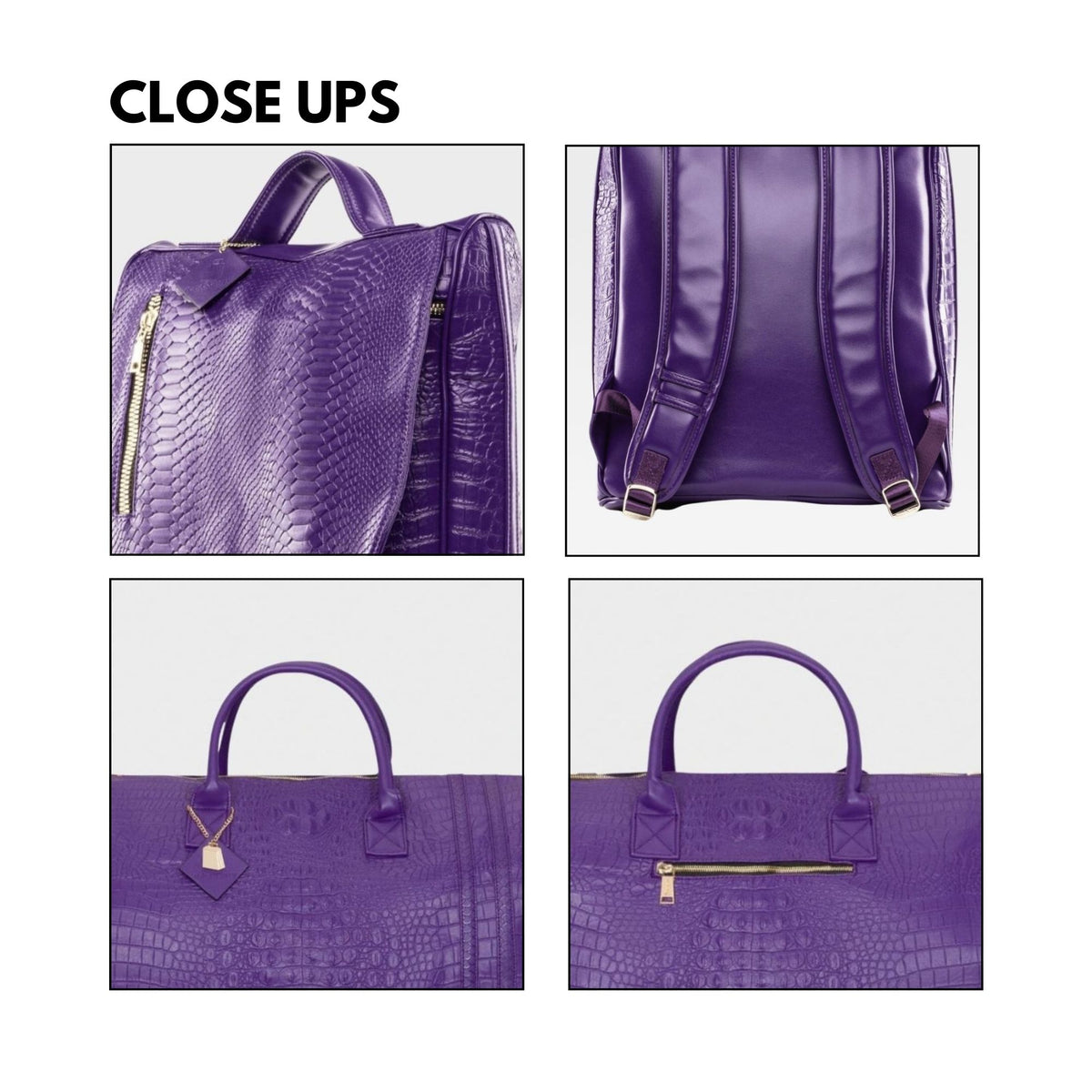 Tote&Carry Classic Weekender Travel Set in Purple — close up details, texture, handles and zippers