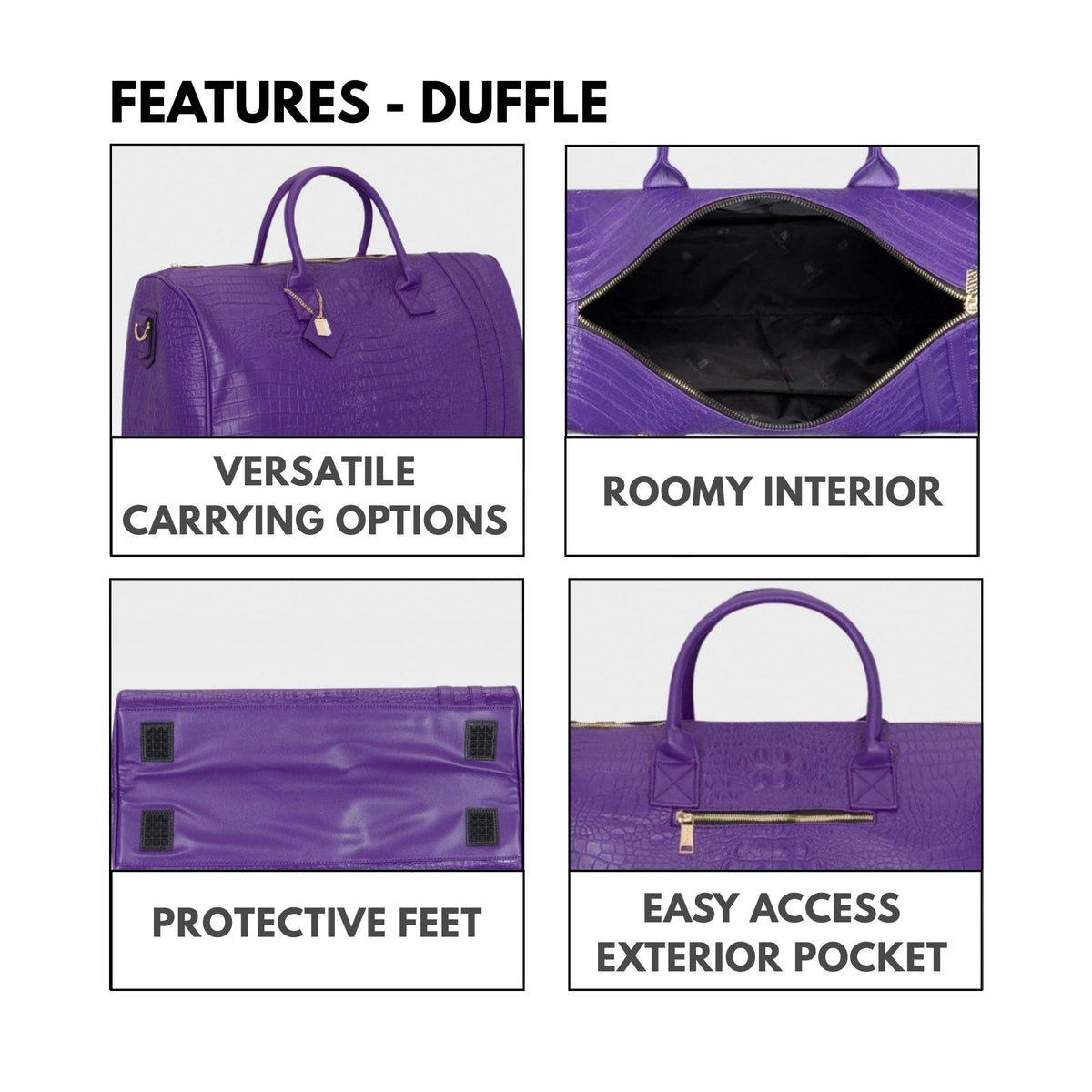 Tote&Carry Classic Weekender Travel Set in Purple — duffle features, roomy interior, protective feet and easy-access exterior pocket