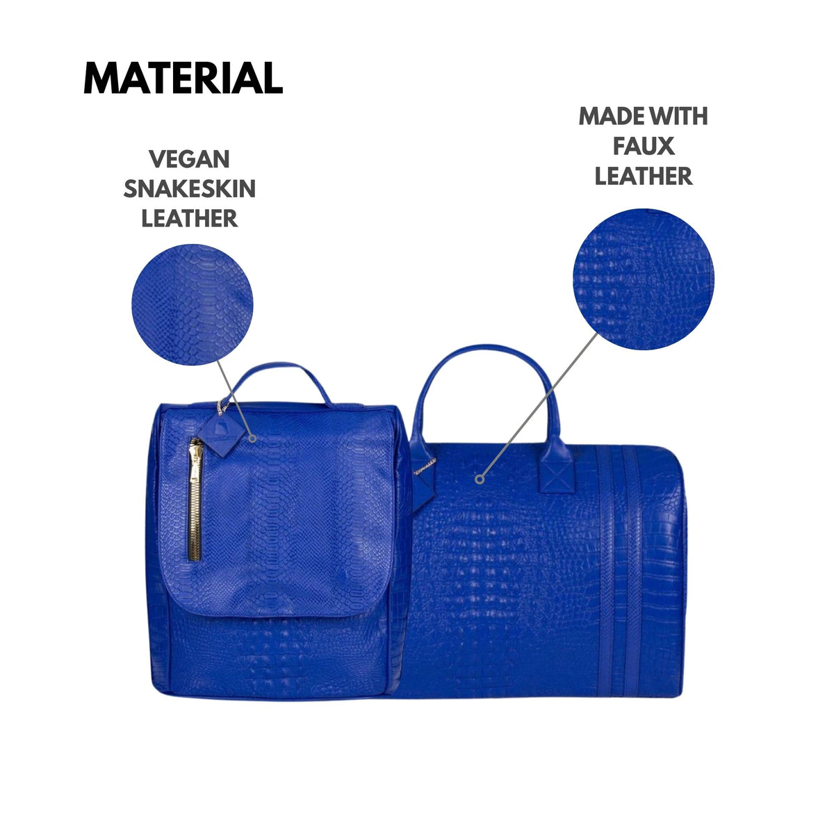 Tote&Carry Classic Weekender Travel Set in Royal Blue — vegan snakeskin and faux leather material detail