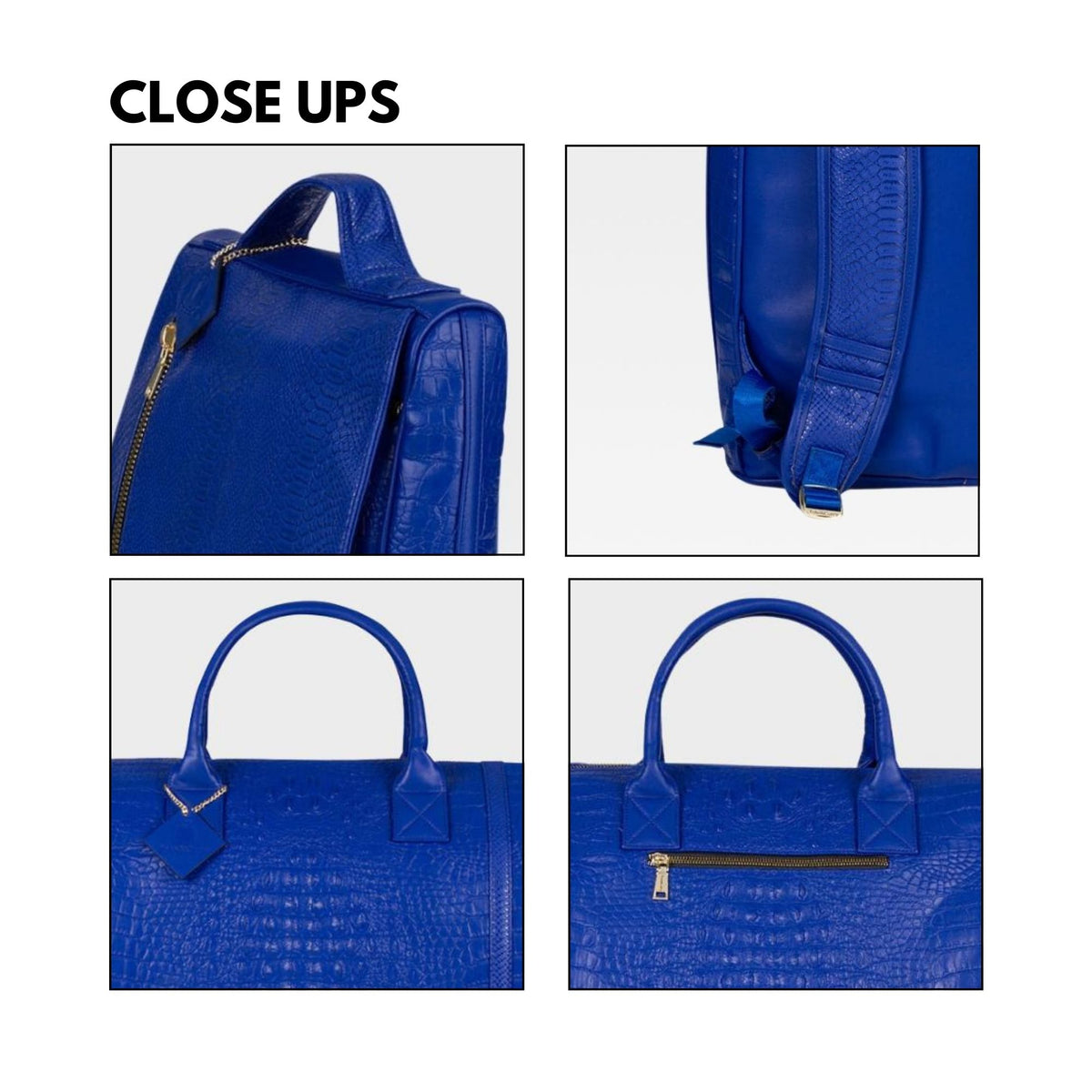 Tote&Carry Classic Weekender Travel Set in Royal Blue — close up details, texture, handles and zippers