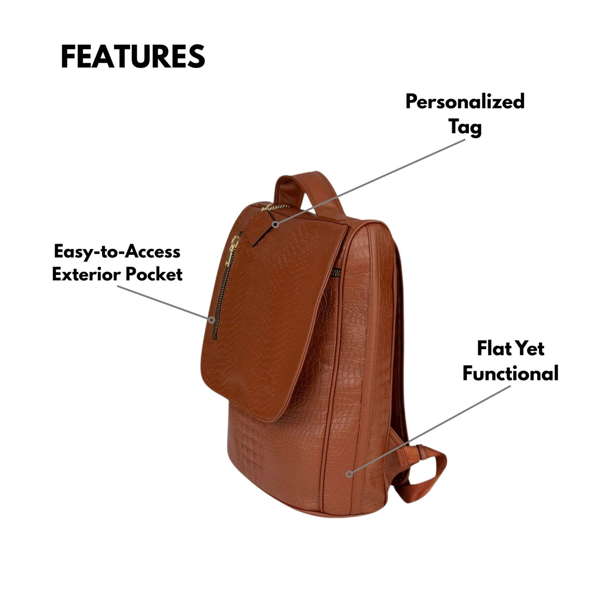 Tote&Carry Classic Weekender Backpack in Caramel — features, easy-to-access exterior pocket, personalized tag and flat yet functional profile