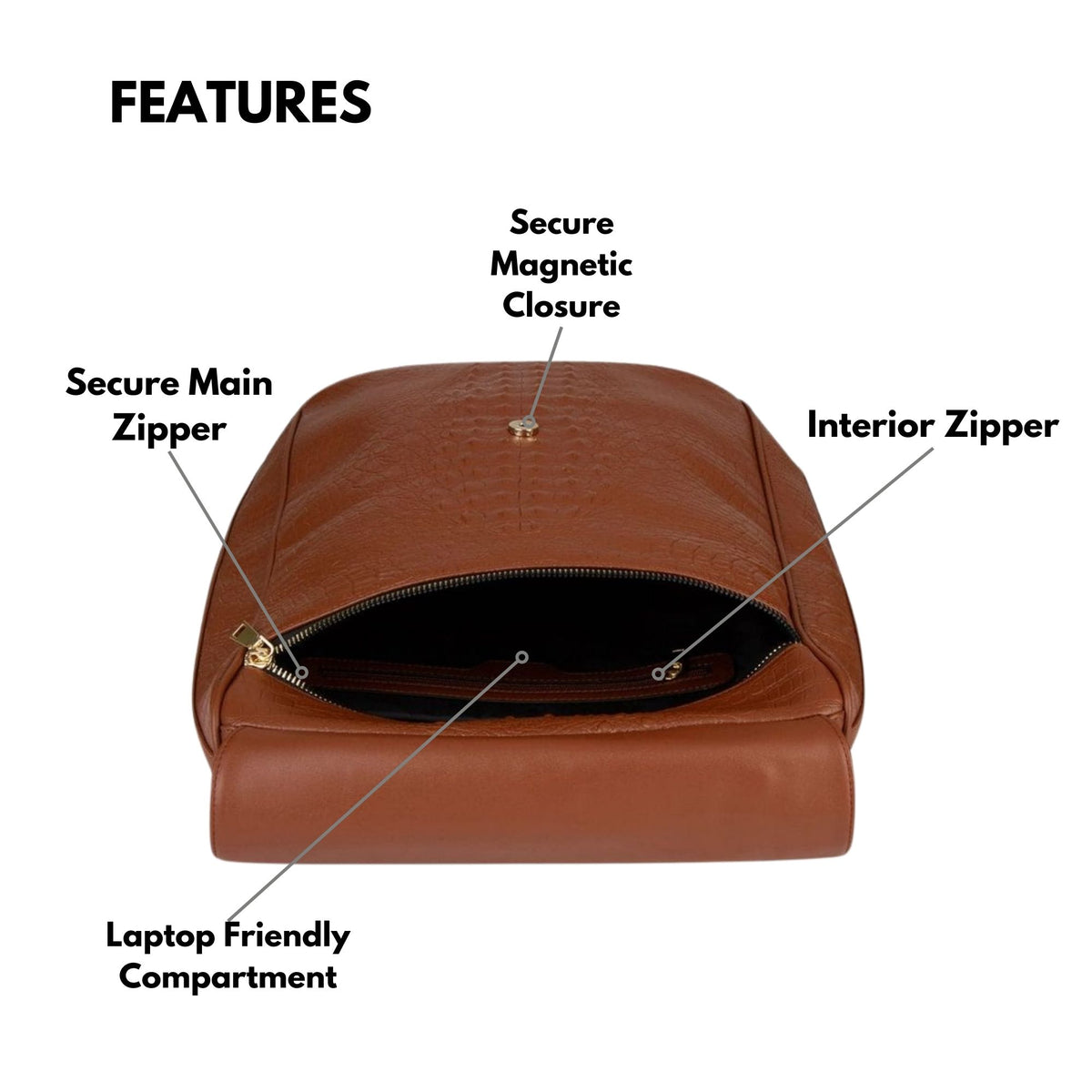 Tote&Carry Classic Weekender Backpack in Caramel — features, secure main zipper, magnetic closure, interior zipper and laptop-friendly compartment