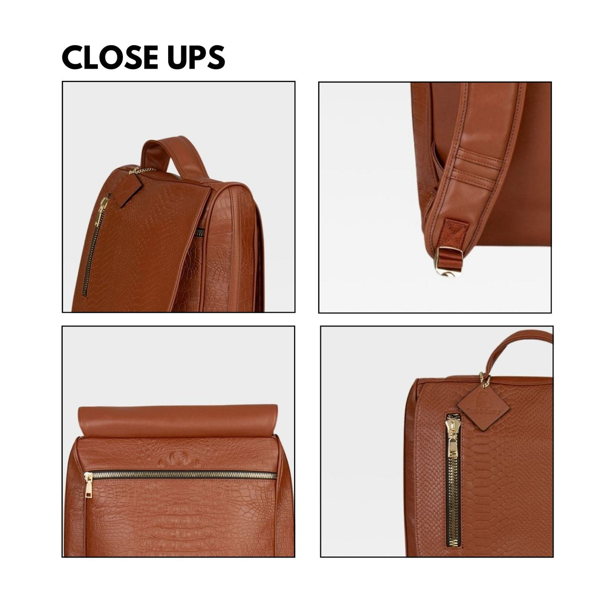 Tote&Carry Classic Weekender Backpack in Caramel — close up details, panels, zipper and strap