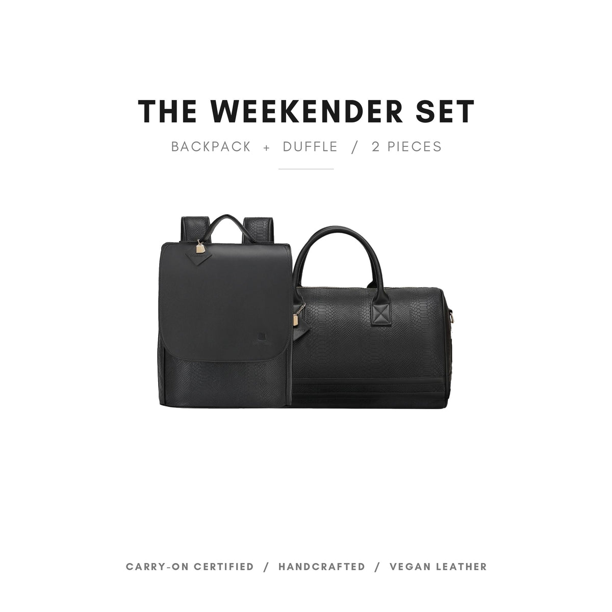 Tote&Carry Signature Weekender Travel Set in Black — the full 2-piece set, backpack and duffle