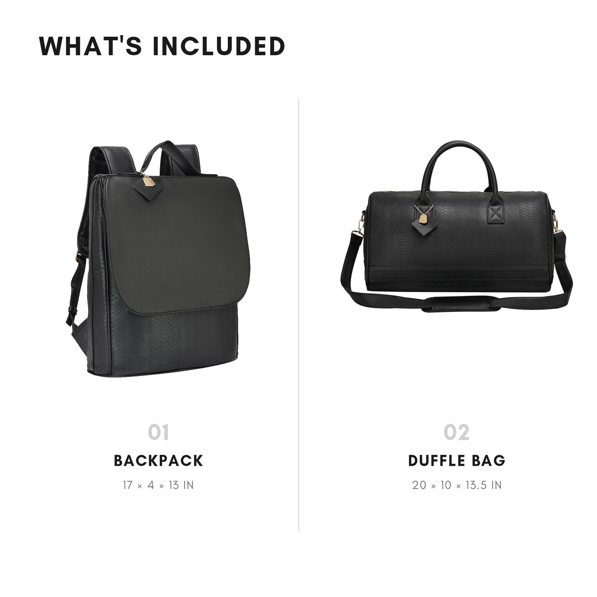 Tote&Carry Signature Weekender Travel Set in Black — what's included, backpack 17 x 4 x 13 in and duffle 20 x 10 x 13.5 in