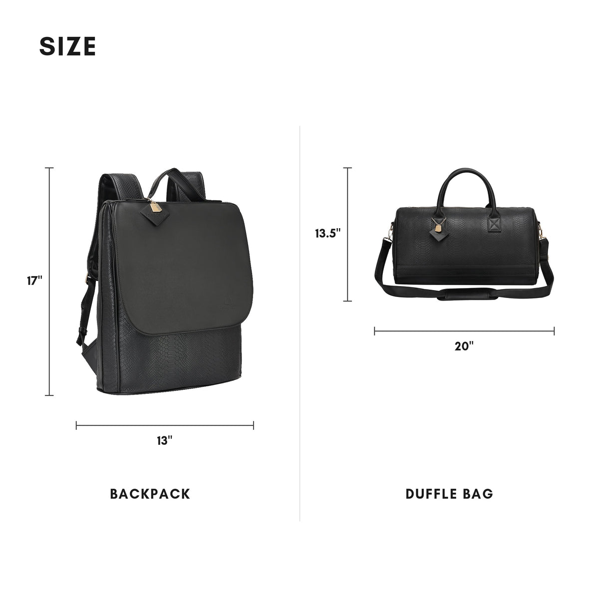Tote&Carry Signature Weekender Travel Set in Black — size guide, backpack and duffle dimensions