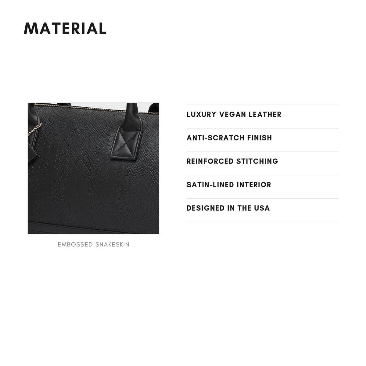 Tote&Carry Signature Weekender Travel Set in Black — material, luxury vegan leather with embossed snakeskin finish