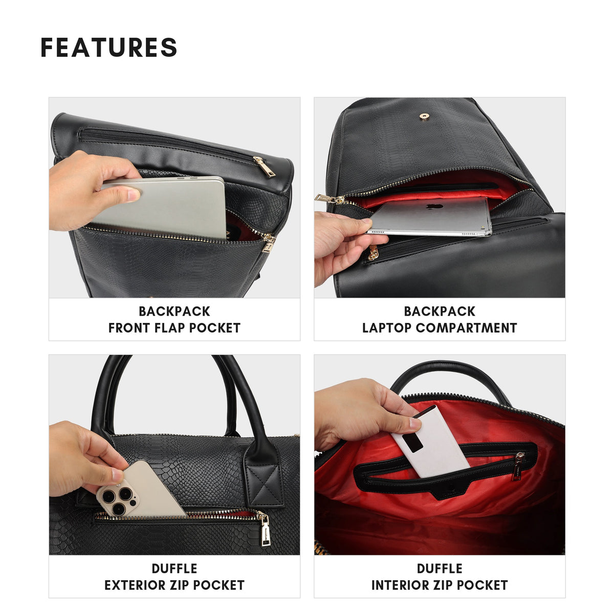 Tote&Carry Signature Weekender Travel Set in Black — features, backpack flap pocket, laptop compartment and duffle zip pockets