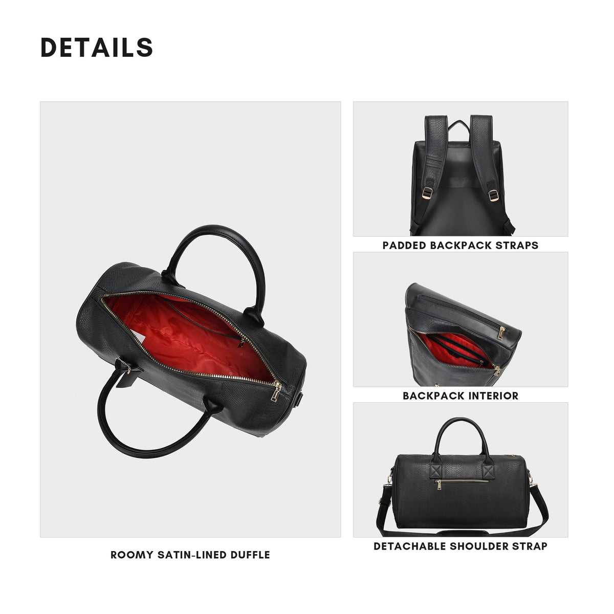 Tote&Carry Signature Weekender Travel Set in Black — details, interior lining, padded straps and detachable shoulder strap