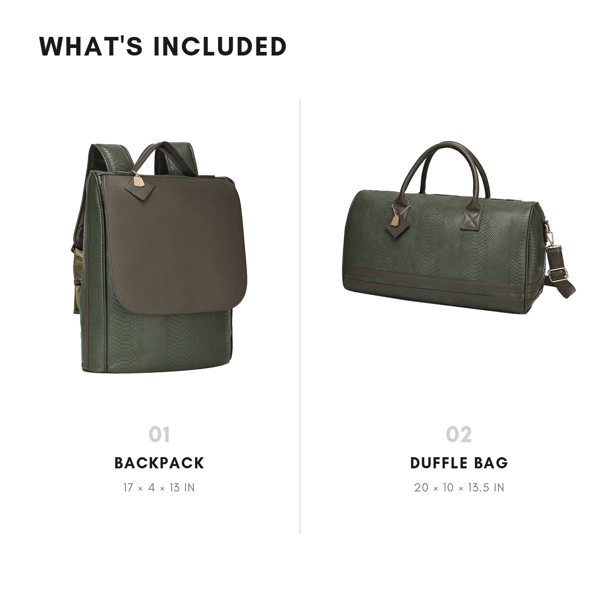 Tote&Carry Signature Weekender Travel Set in Olive — what's included, backpack 17 x 4 x 13 in and duffle 20 x 10 x 13.5 in