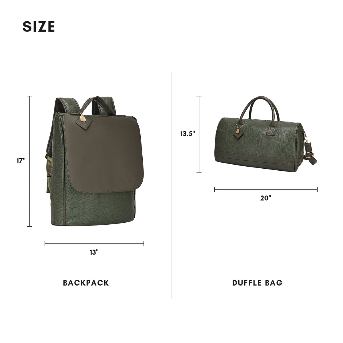 Tote&Carry Signature Weekender Travel Set in Olive — size guide, backpack and duffle dimensions